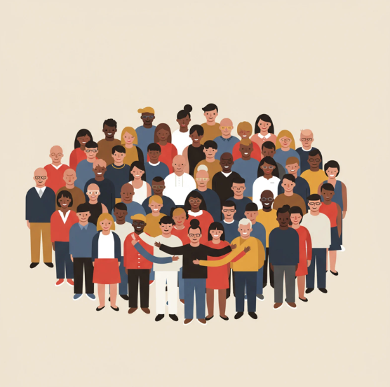 Illustration of a diverse group of people standing close together in a circle.