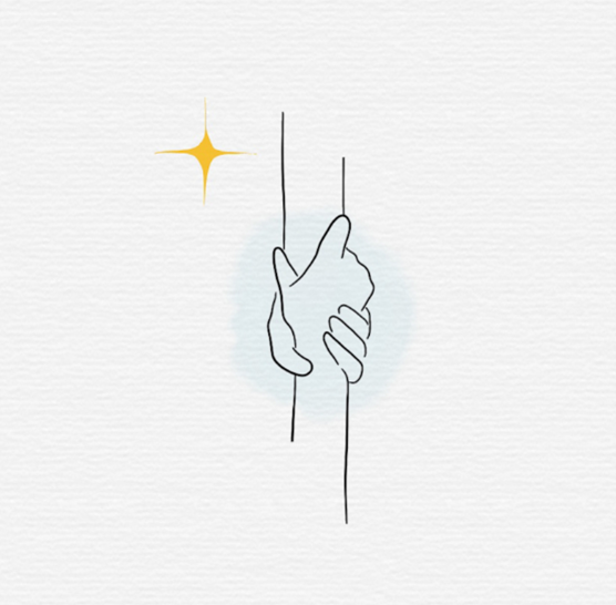 Simple line drawing of two hands clasping vertically with a small golden star symbol on a white textured background.
