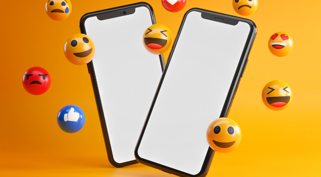 Image of two smartphones with blank screens surrounded by colourful 3D emoji faces, including laughing, heart eyes, angry and thumbs-up icons, on a bright orange background.
